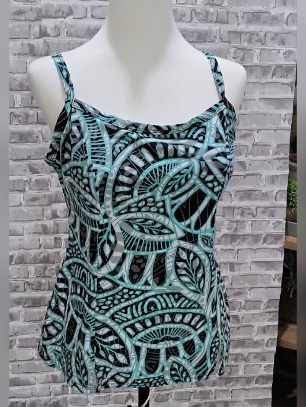 croft & barrow Green Black & White Patterned Women Tankini Swim Top Sz 14